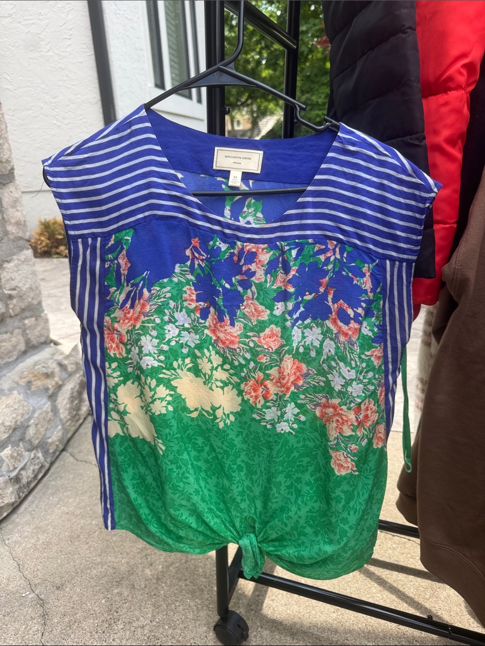 Anthropologie Blue & Green Floral-Striped Knot Front Shell